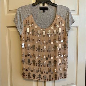 Robert Rodriguez Silk Blend Mixed Media Taupe and Grey Tee with Metallic